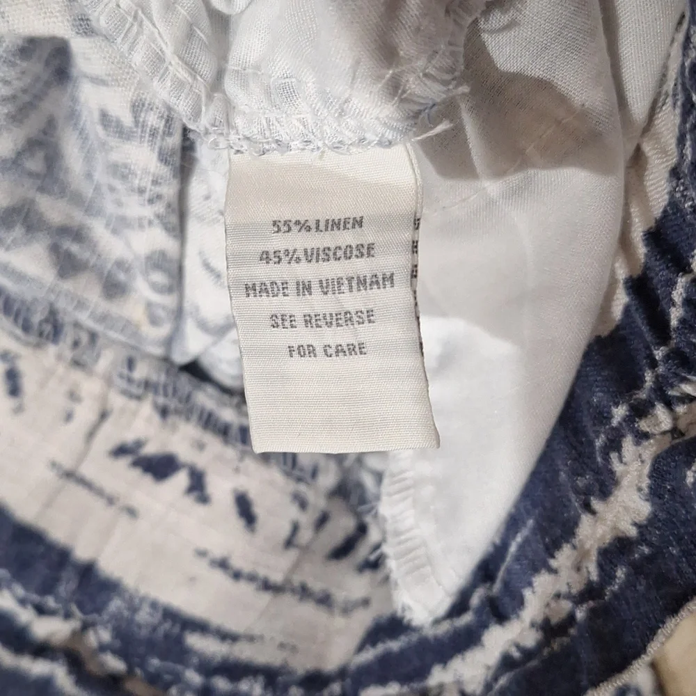 Cali 1850 Linen Blend Boho Paperbag Waist Pants Size M Blue White Print #1094 - Picture 6 of 8